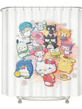 Cute Character Lineup Shower Curtain 59" × 71" with 12 Hooks Included